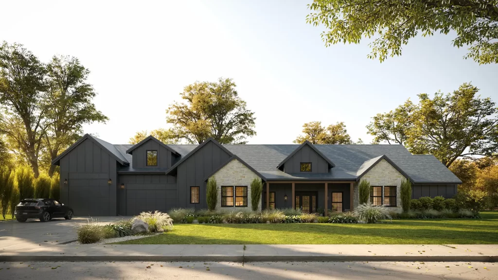 Rendu 3D d’une maison de ferme moderne au bardage noir à claire-voie