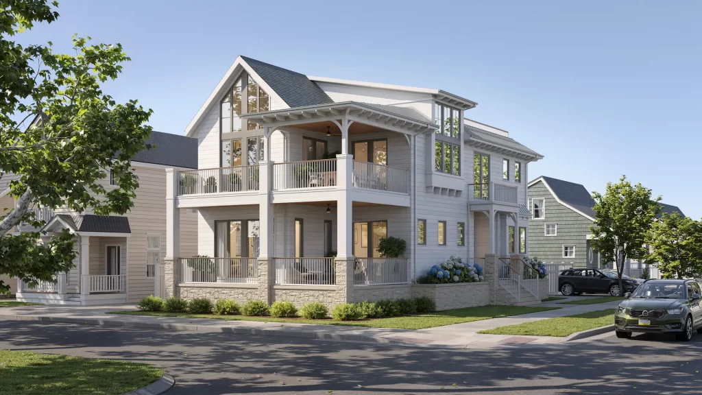 Rendu 3D d’une maison de bord de mer bardée de bardeaux avec balcons enveloppants
