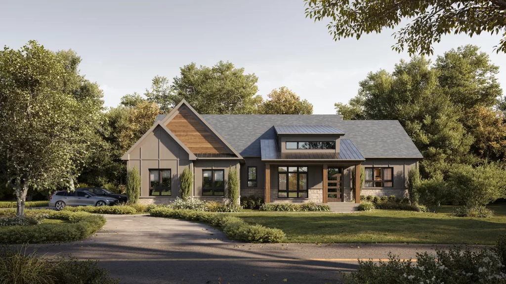 Rendu 3D résidentiel d’une maison de ferme contemporaine à façade bois et pierre