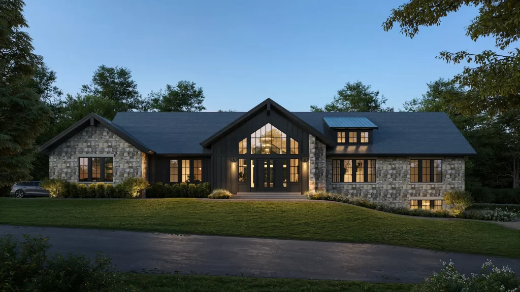 Rendu 3D photoréaliste d’une maison de plain-pied moderne au crépuscule