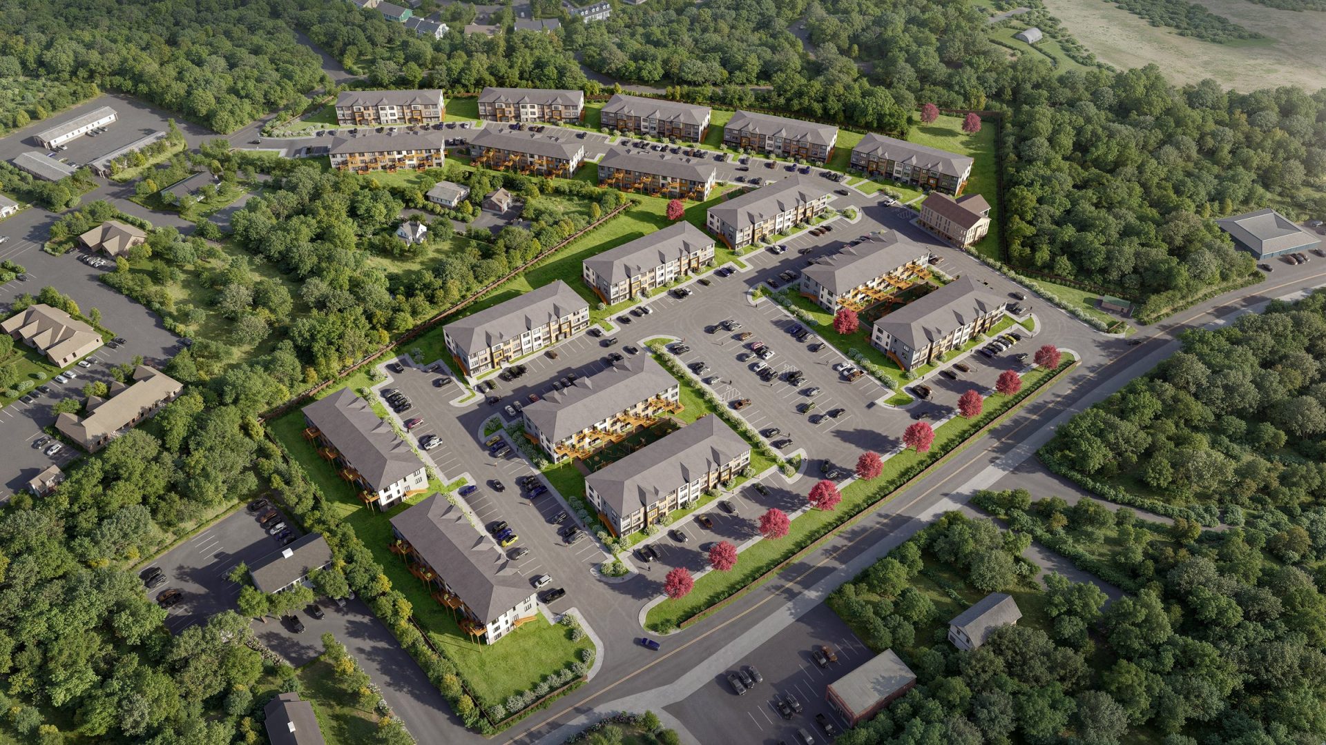 3D site plan rendering of a garden apartment complex with parking courts, access road and landscaping