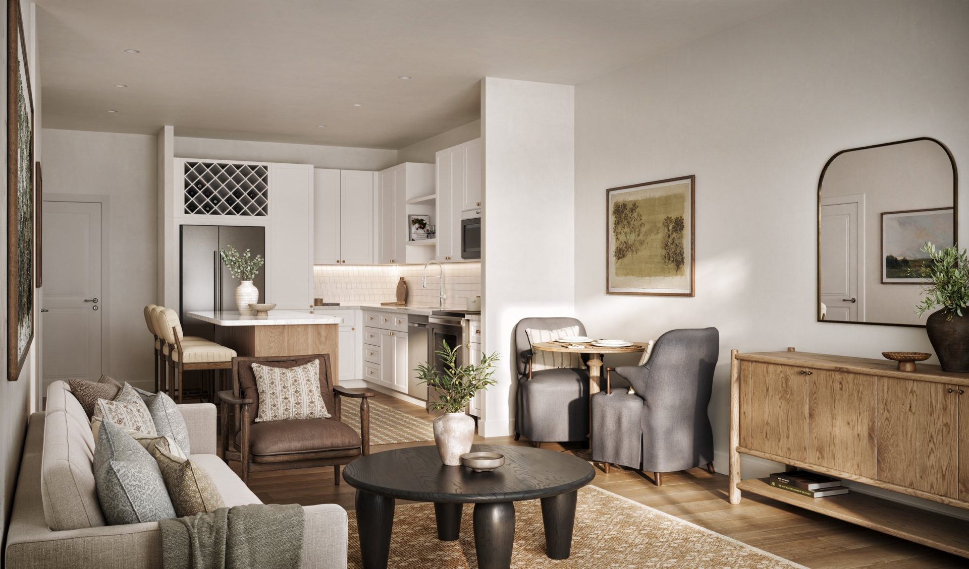 The Rowen residence, kitchen and living room, 3D rendering
