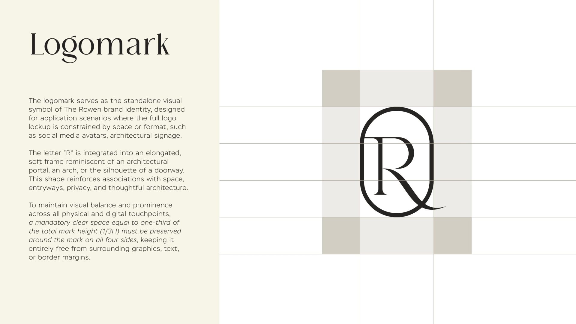 The Rowen logomark: R in an architectural portal