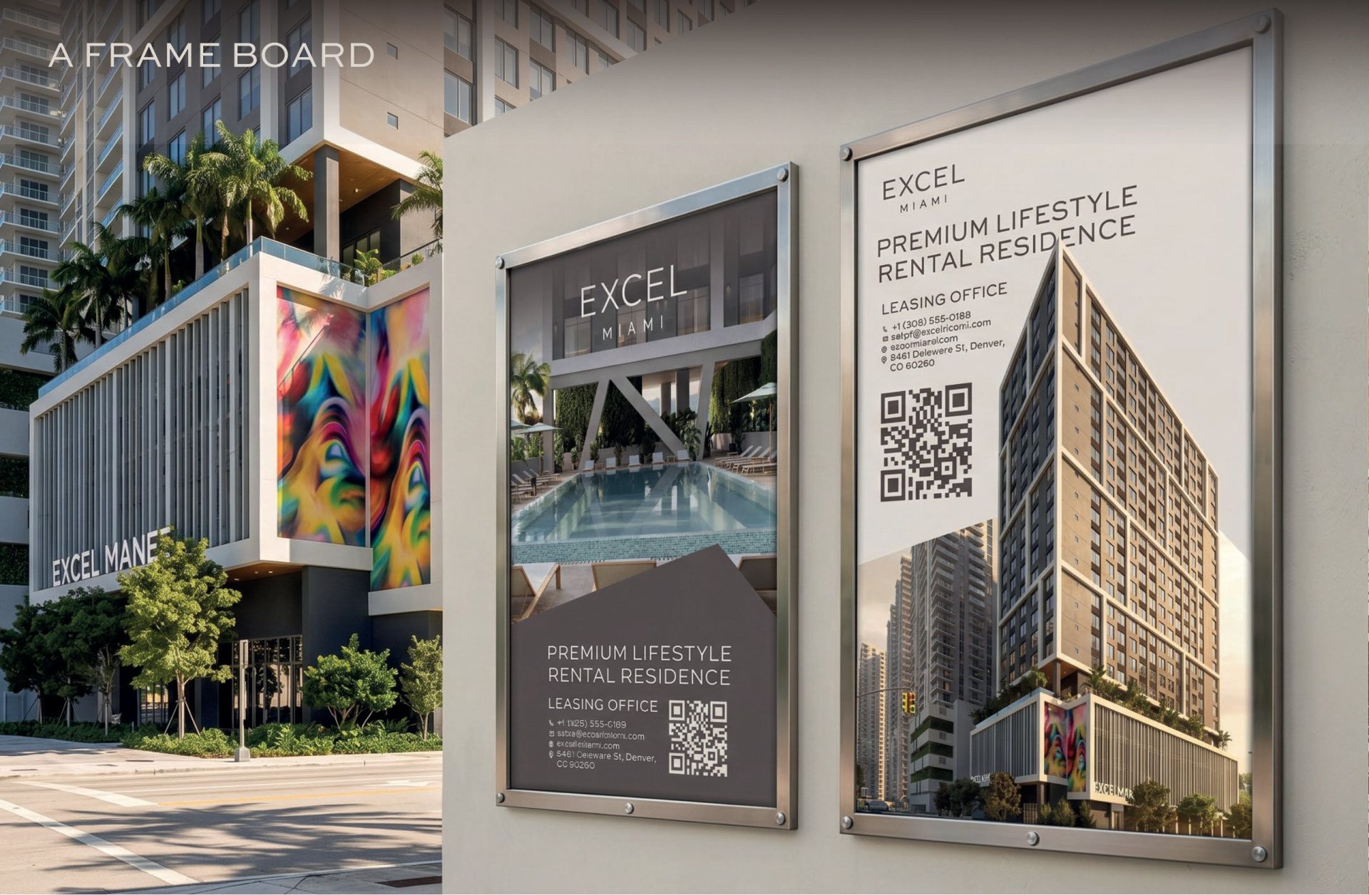 Excel Miami A-frame boards by the tower and its mural