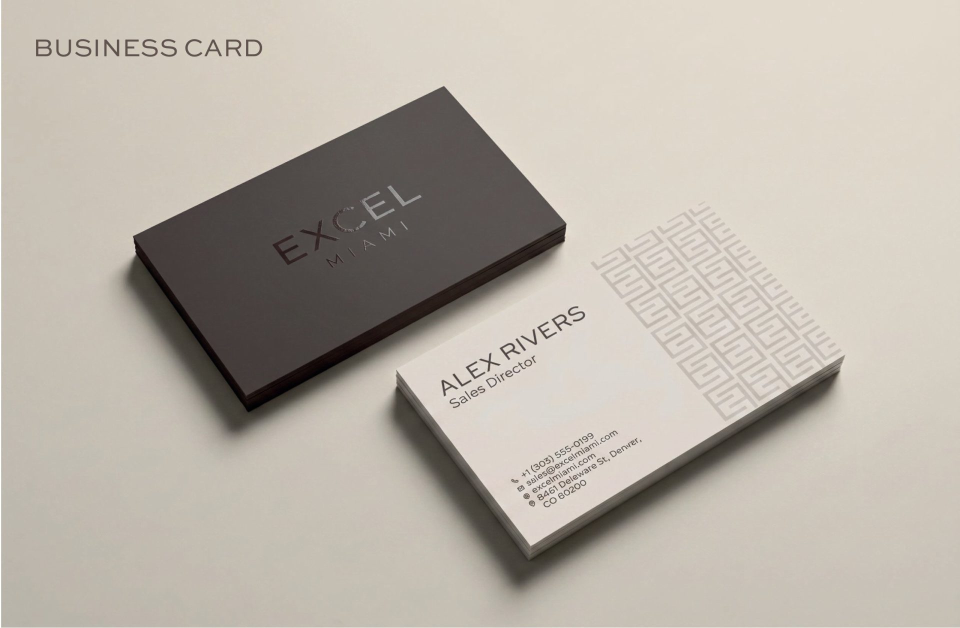Excel Miami business cards with the E pattern