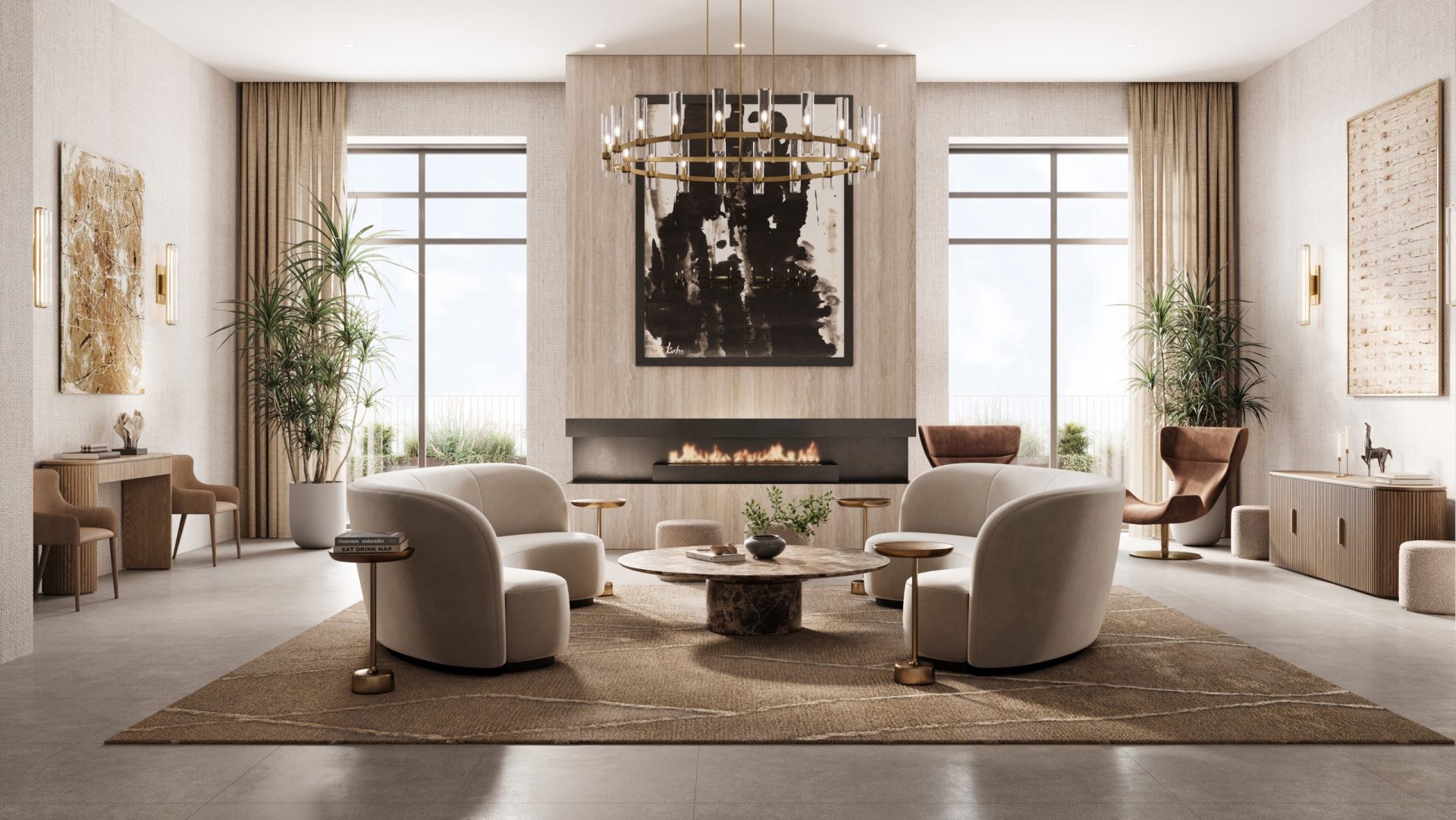 Excel Miami resident lounge with fireplace, 3D rendering