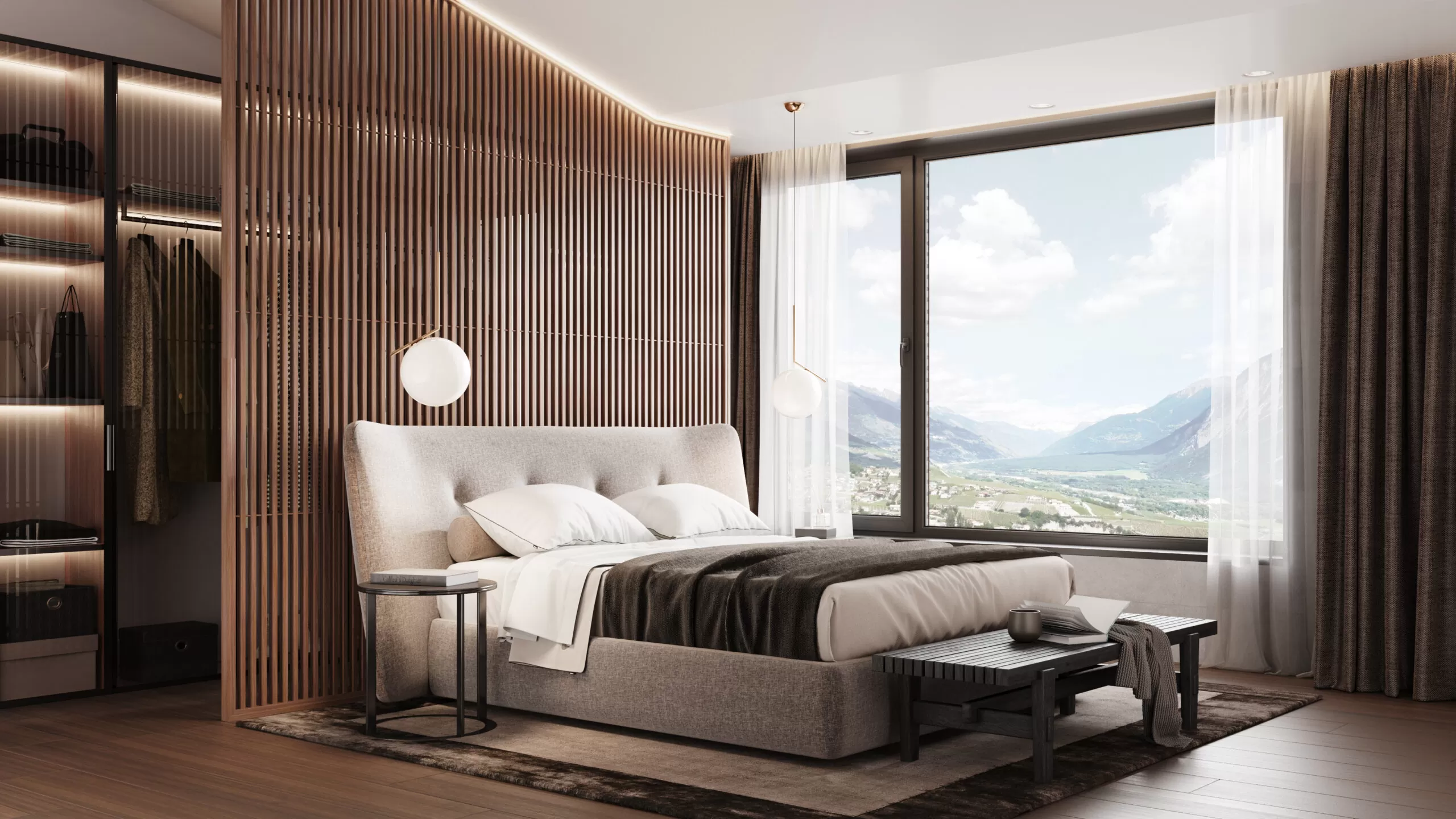 Schlafzimmer eines Hauses in Brauntönen mit Blick auf die Schweizer Alpen