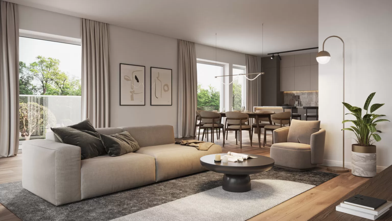 living room in modern style in creamy color with indoor light