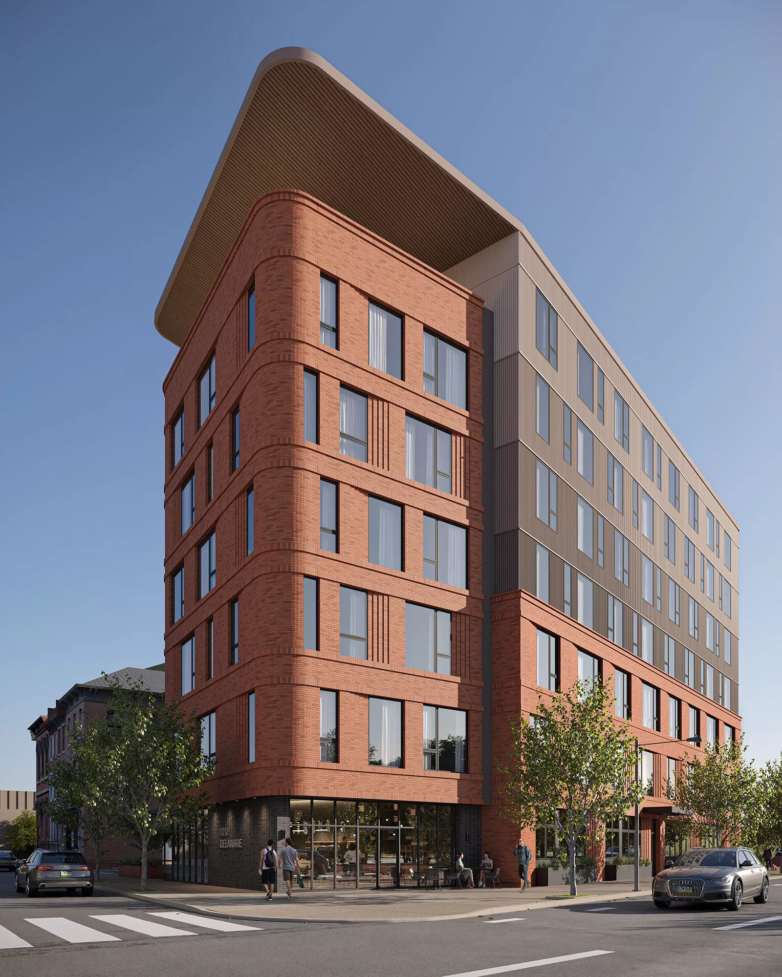 eye level perspective of building with red bricks and street