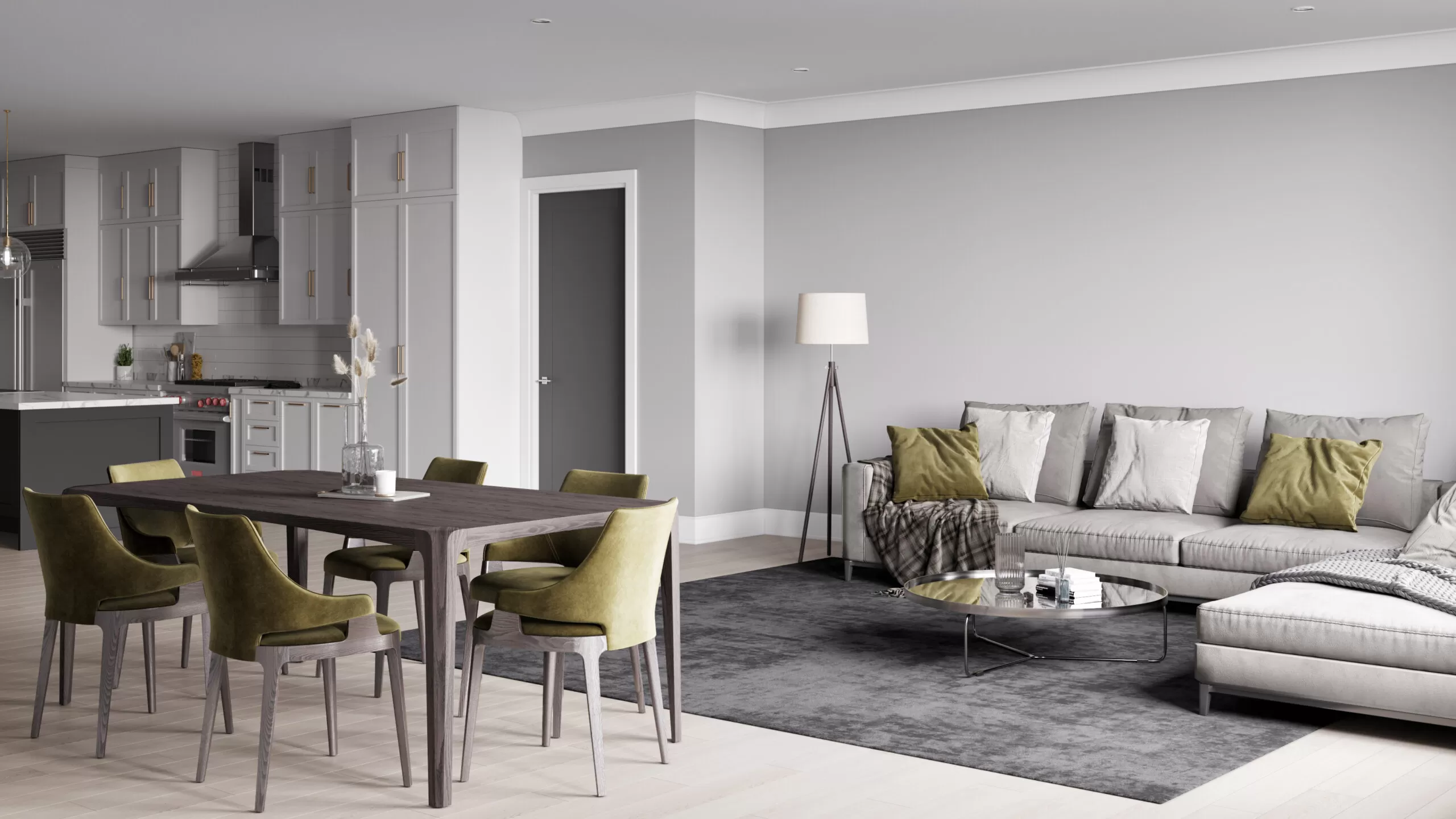 interior render of living room in grey color with green chairs and white sofa