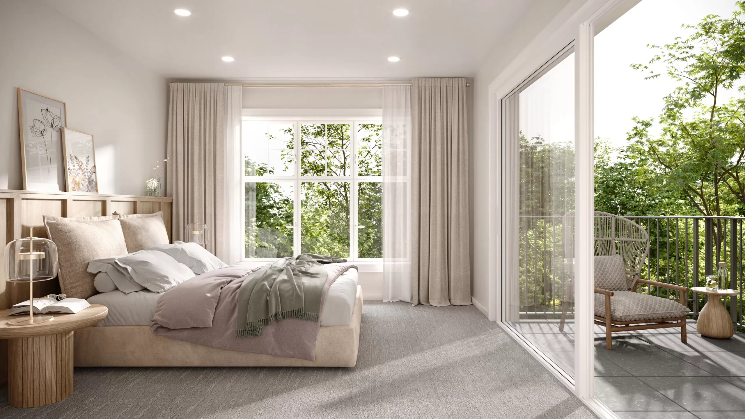 interior rendering of the bedroom with balcony