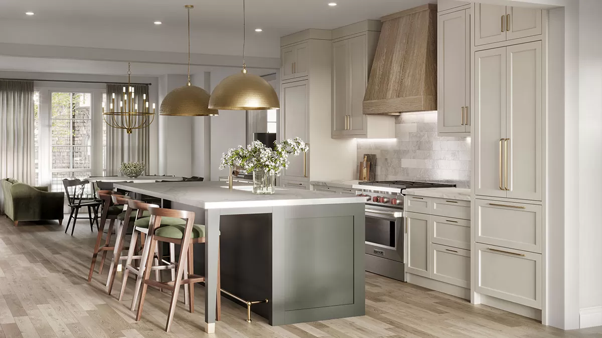 interior render of kitchen with gold details in white color