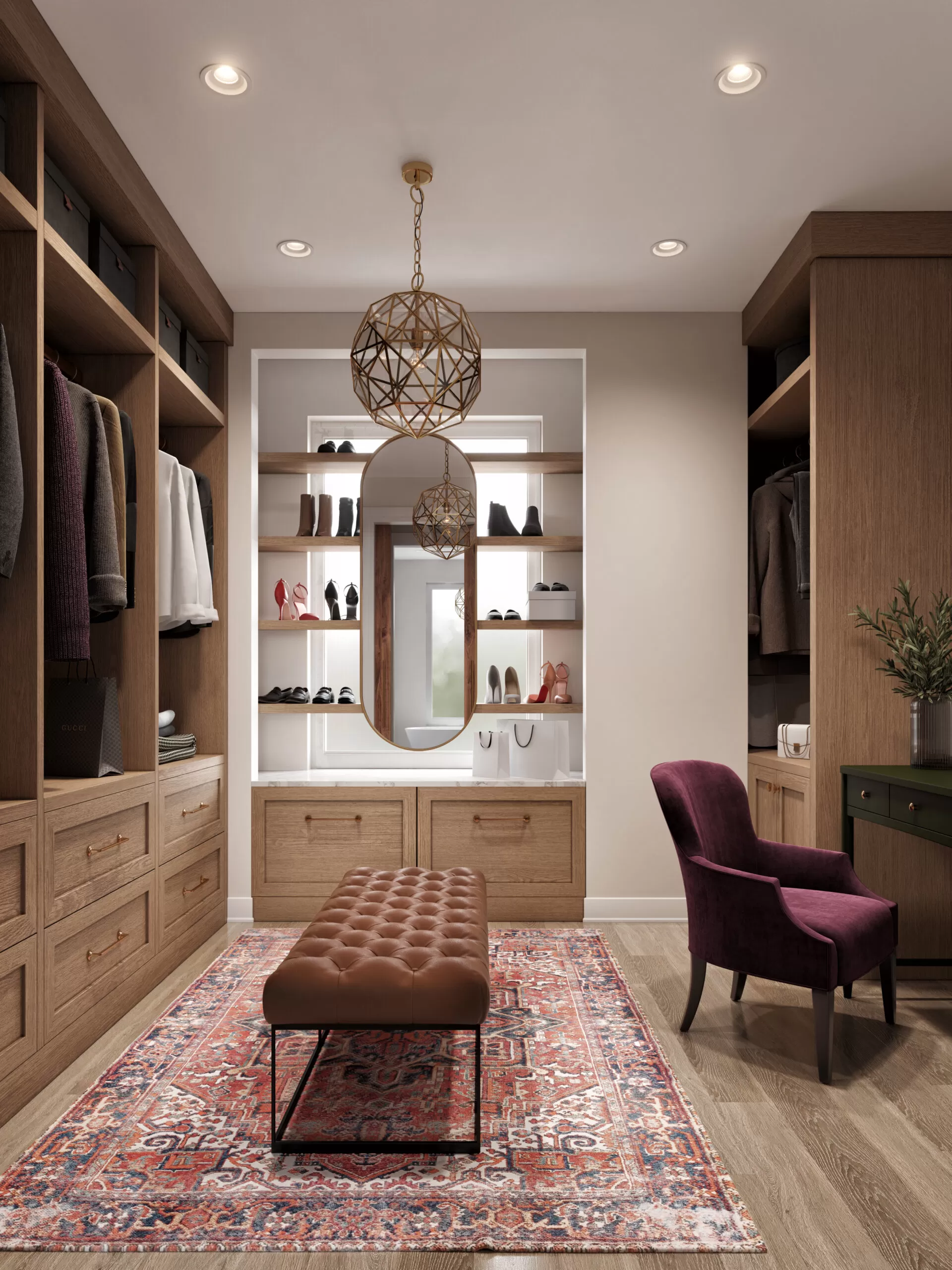 Wood wardrobe with armchair in classic style