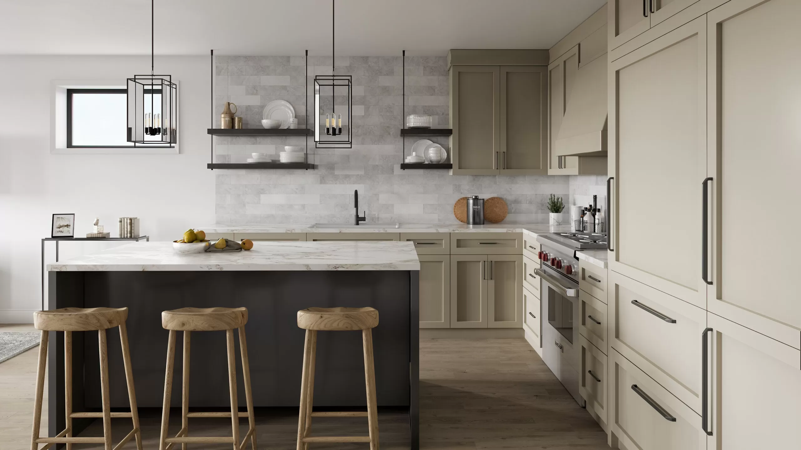 3d interior render of kitchen in brown color
