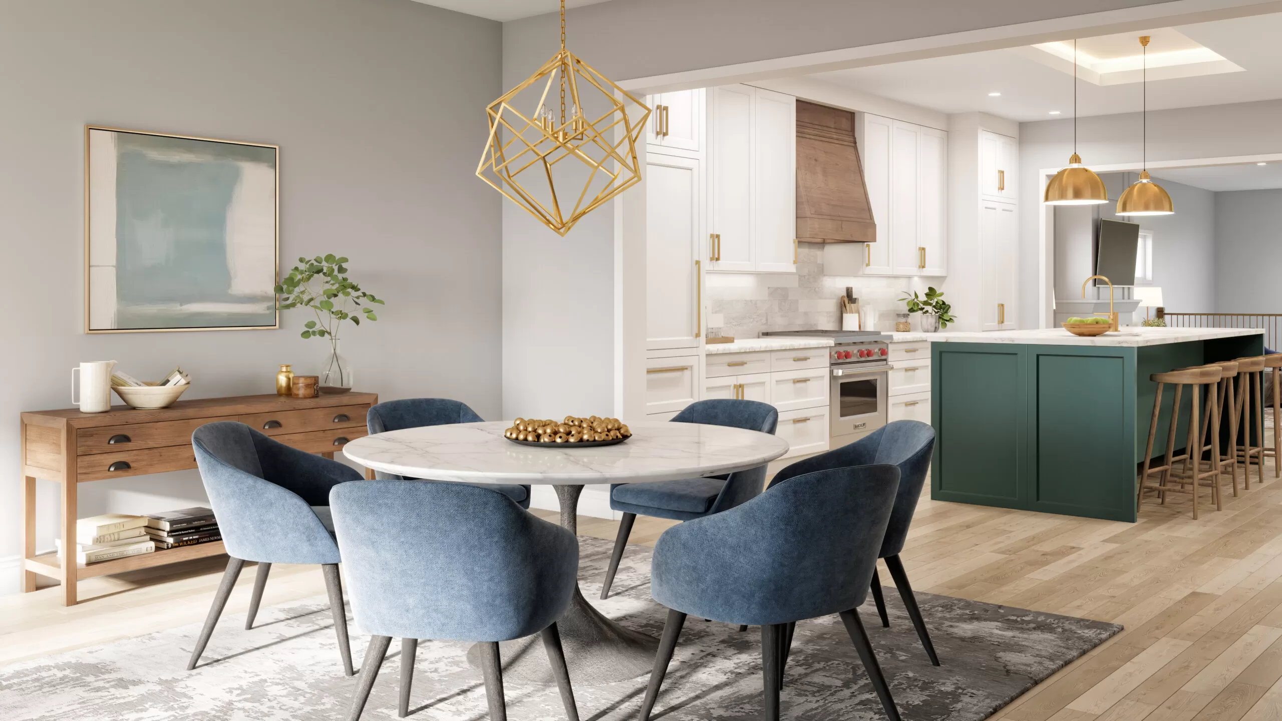 3d interior render of dining room with kitchen