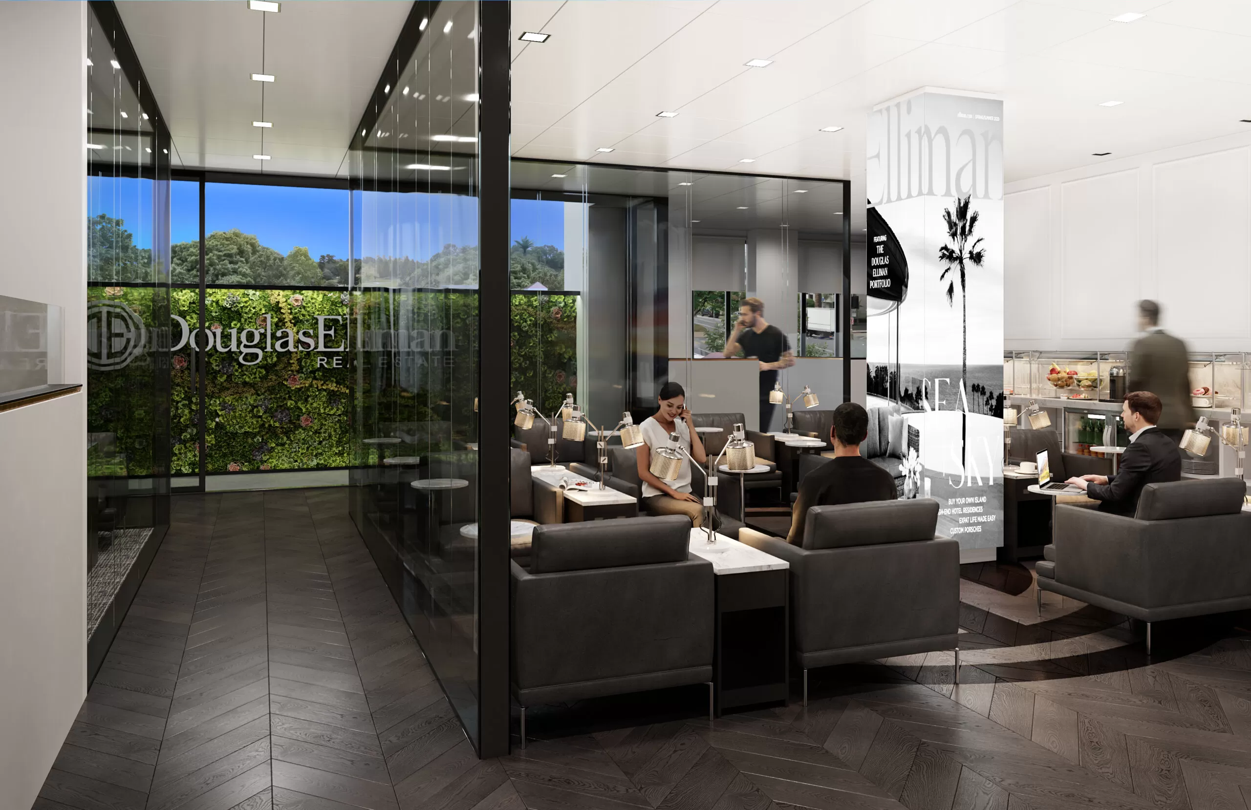office render with glass walls in dark color