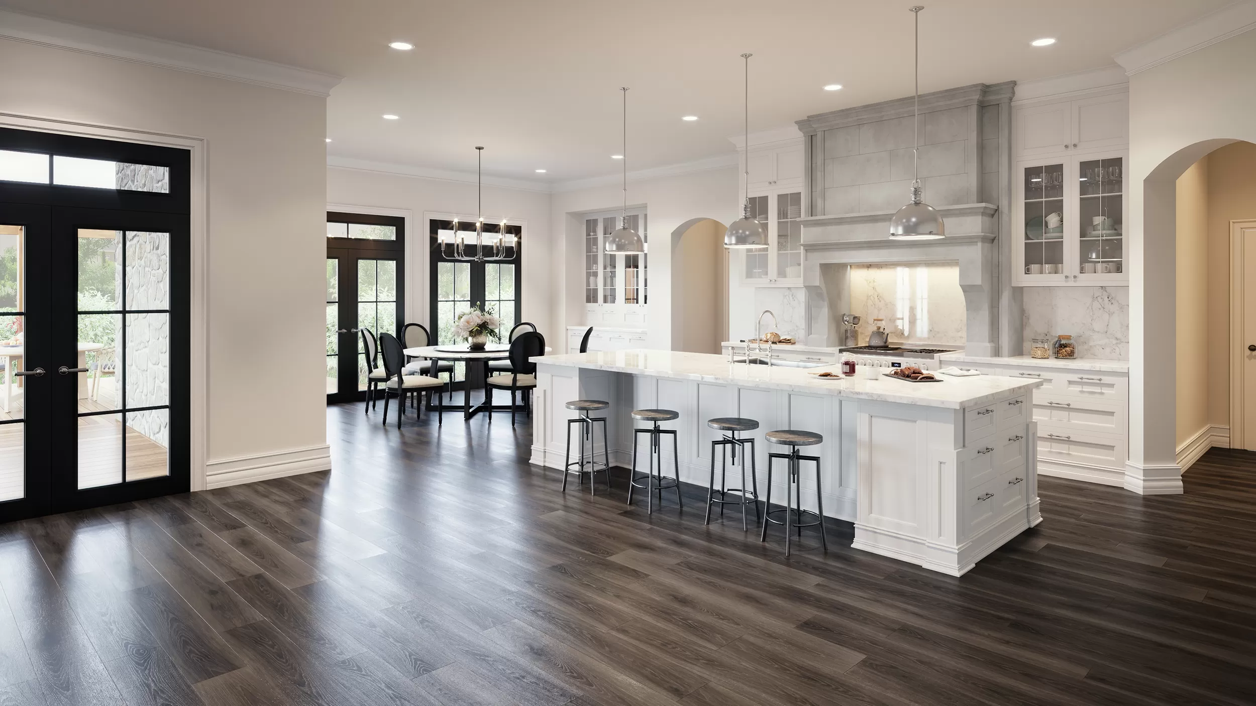 3d rendering of kitchen in daylight with white details