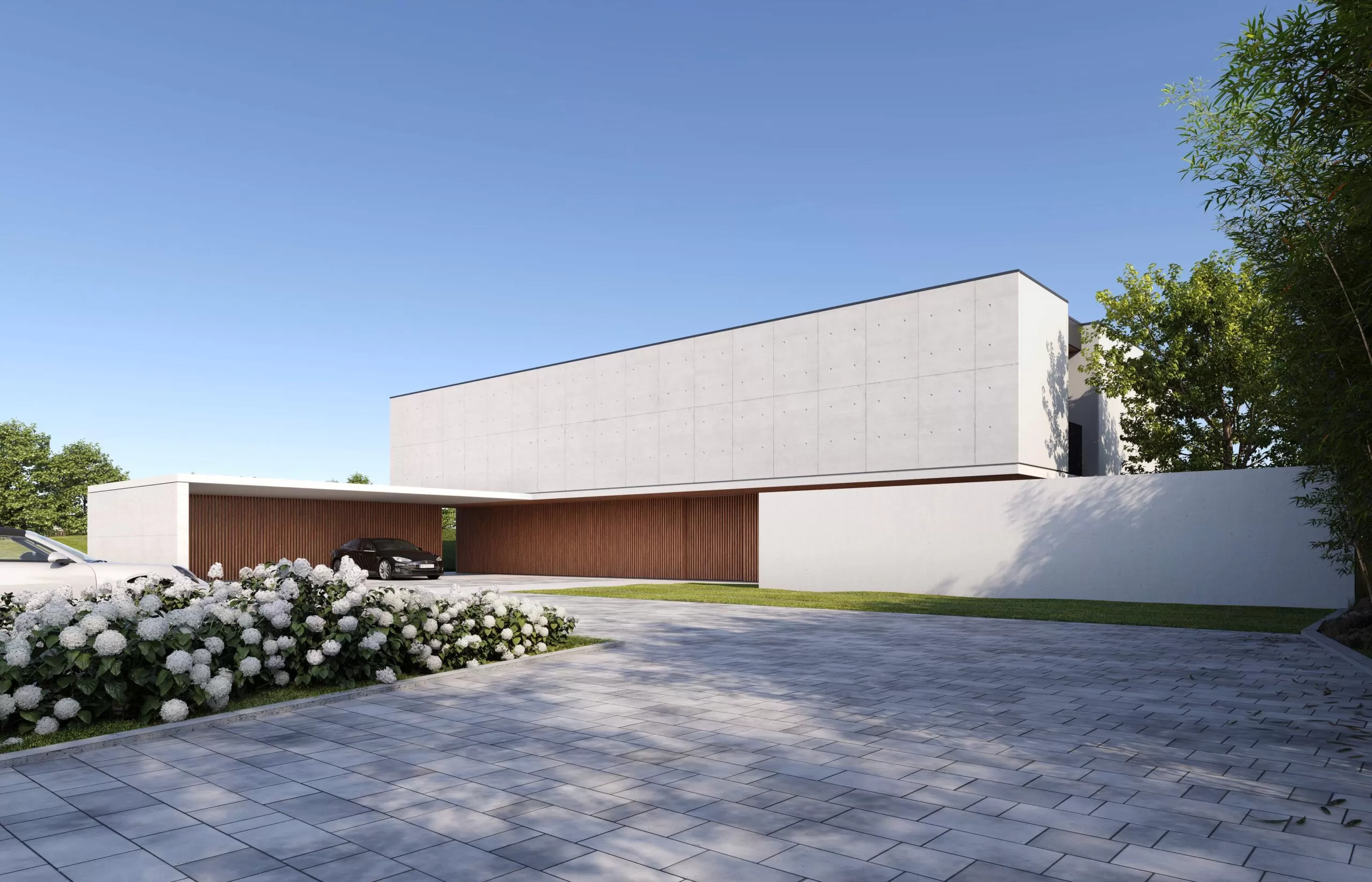exterior render of white building office in the daylight