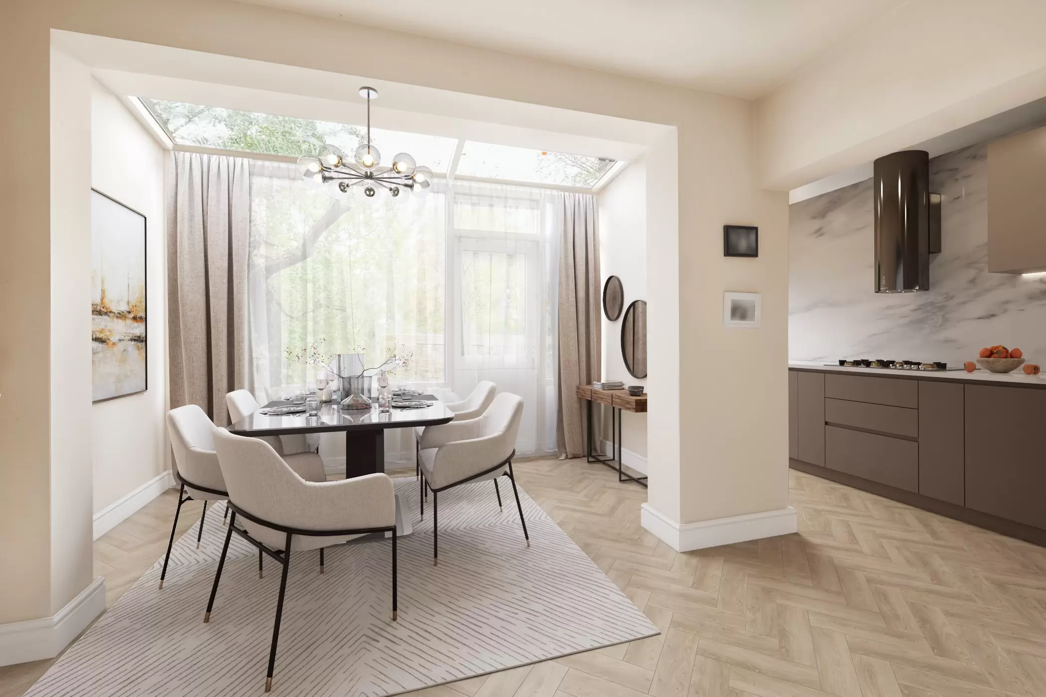 virtual staging of kitchen in creamy color with brown details
