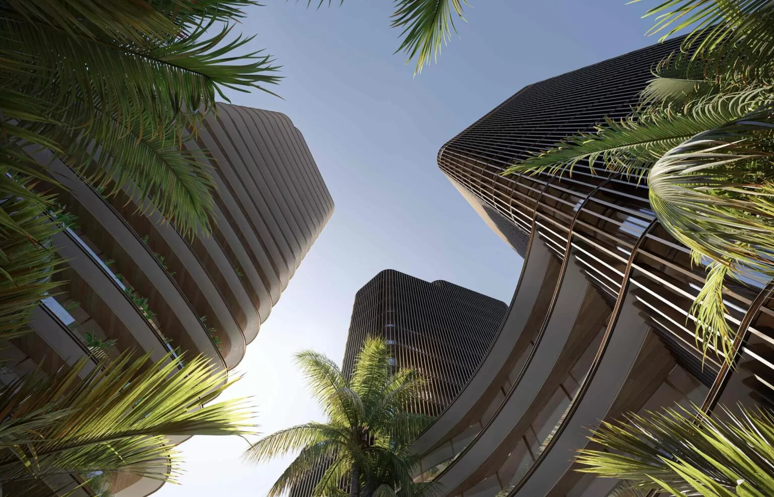 exterior render of skyscraper with palm trees